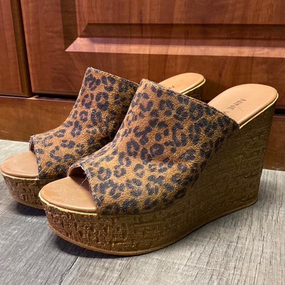 Nine West Leopard Wedge Platform Heels Sandals Mules - Picture 1 of 4